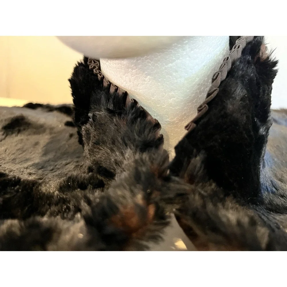 Vintage Fur Scarf Collar Shawl Wrap Black Plush w/ Ruching & Hook/Eye Closures